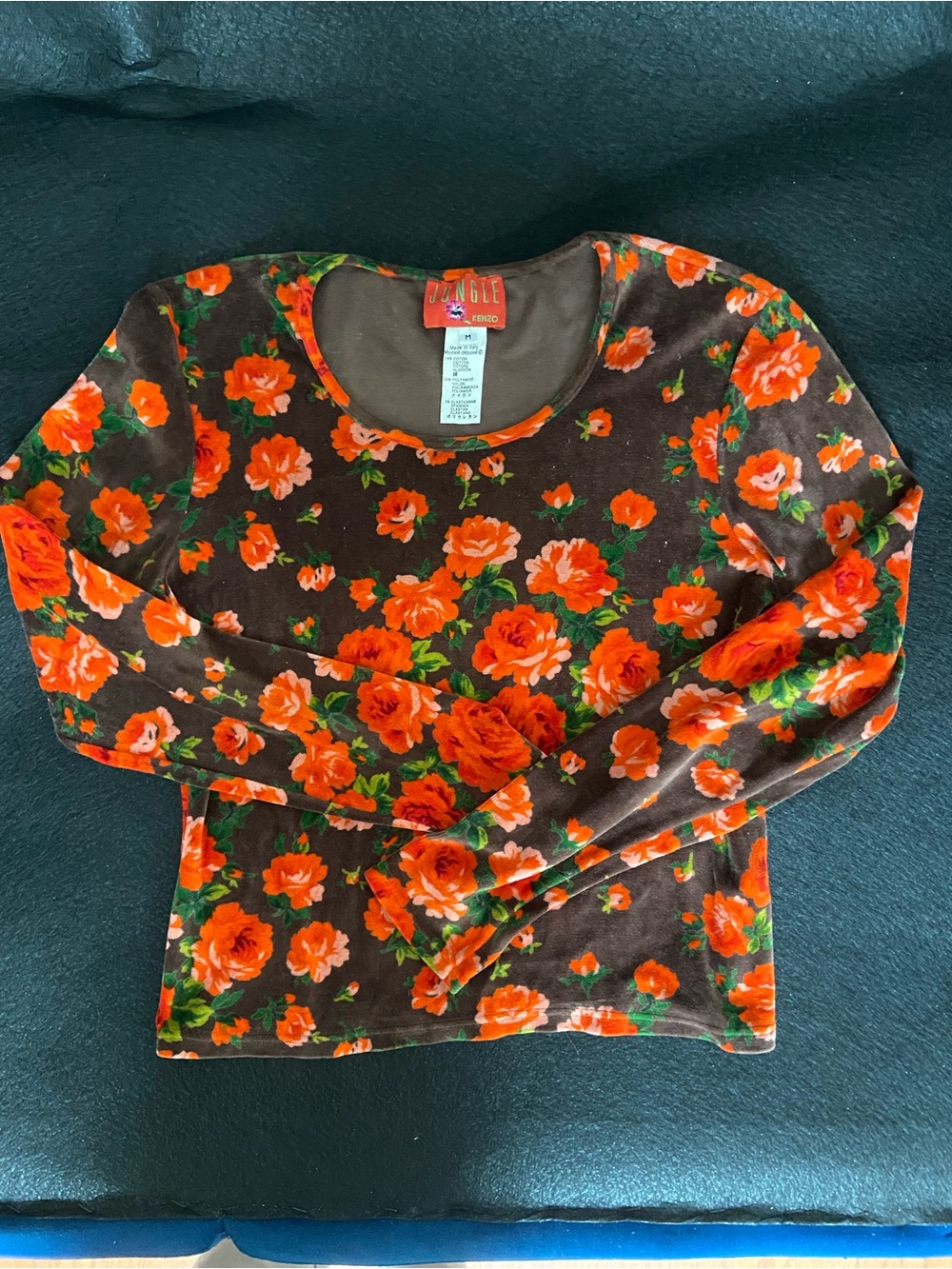 Kenzo Jungle - Vintage - Brown Long-Sleeve Floral Tee with Orange Roses
